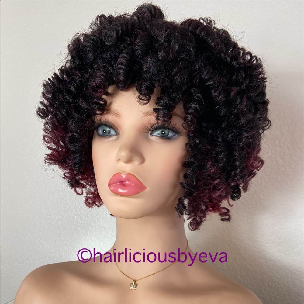 Short Curly afro wig red  burgundy black ombré - Picture 3 of 9